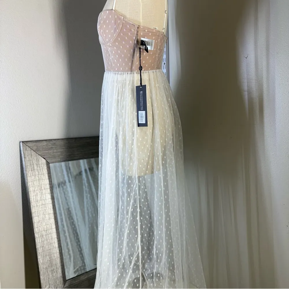 White Fox Boutique Strapless maxi sheer Dress in Pink and White - Image 7