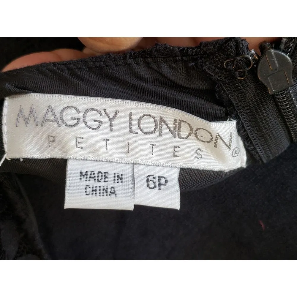 Maggy London Sheath Dress Womens Petite 6P Black Floral Lace Overlay Bell Sleeve - Image 3