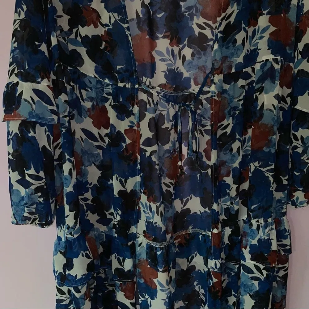 Dress Barn Duster XL Sheer Floral Robe Ruffle Tiered Longline Tie Front - Image 4