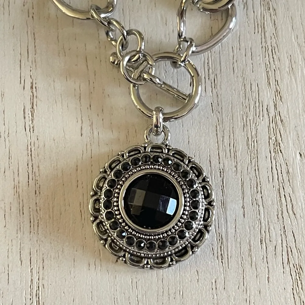 Chunky Cuban chain link with round black faceted pendant Silver - Image 3