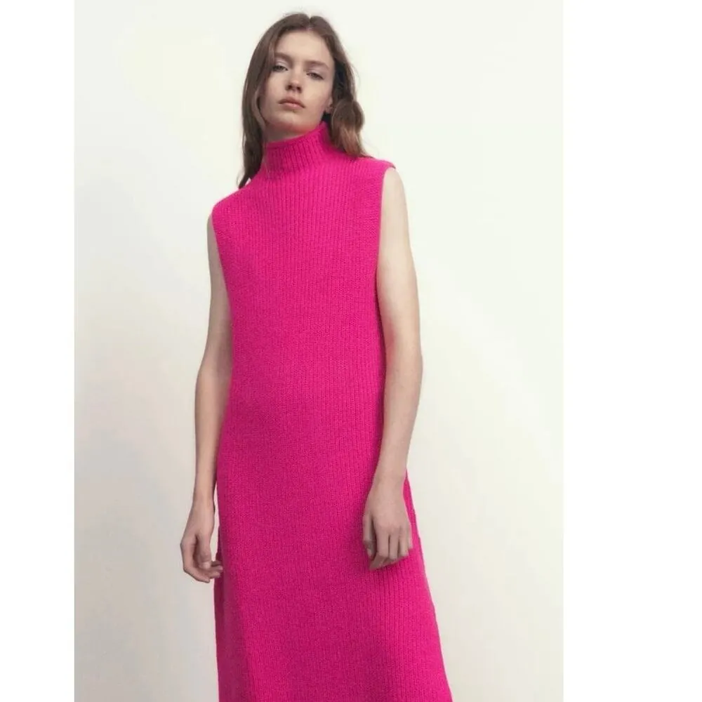 Zara Pink Sleeveless Turtleneck Waffle Chunky Knit Midi Bodycon Sweater Dress S - Image 5