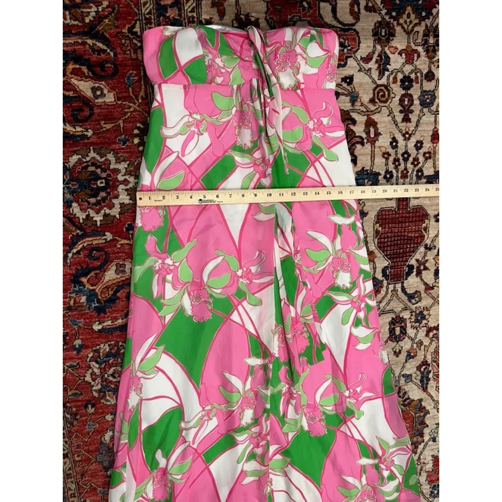Lilly Pulitzer Strapless Silk Maxi Dress Size 4 Pink Green Floral Orchid Printi - Image 2