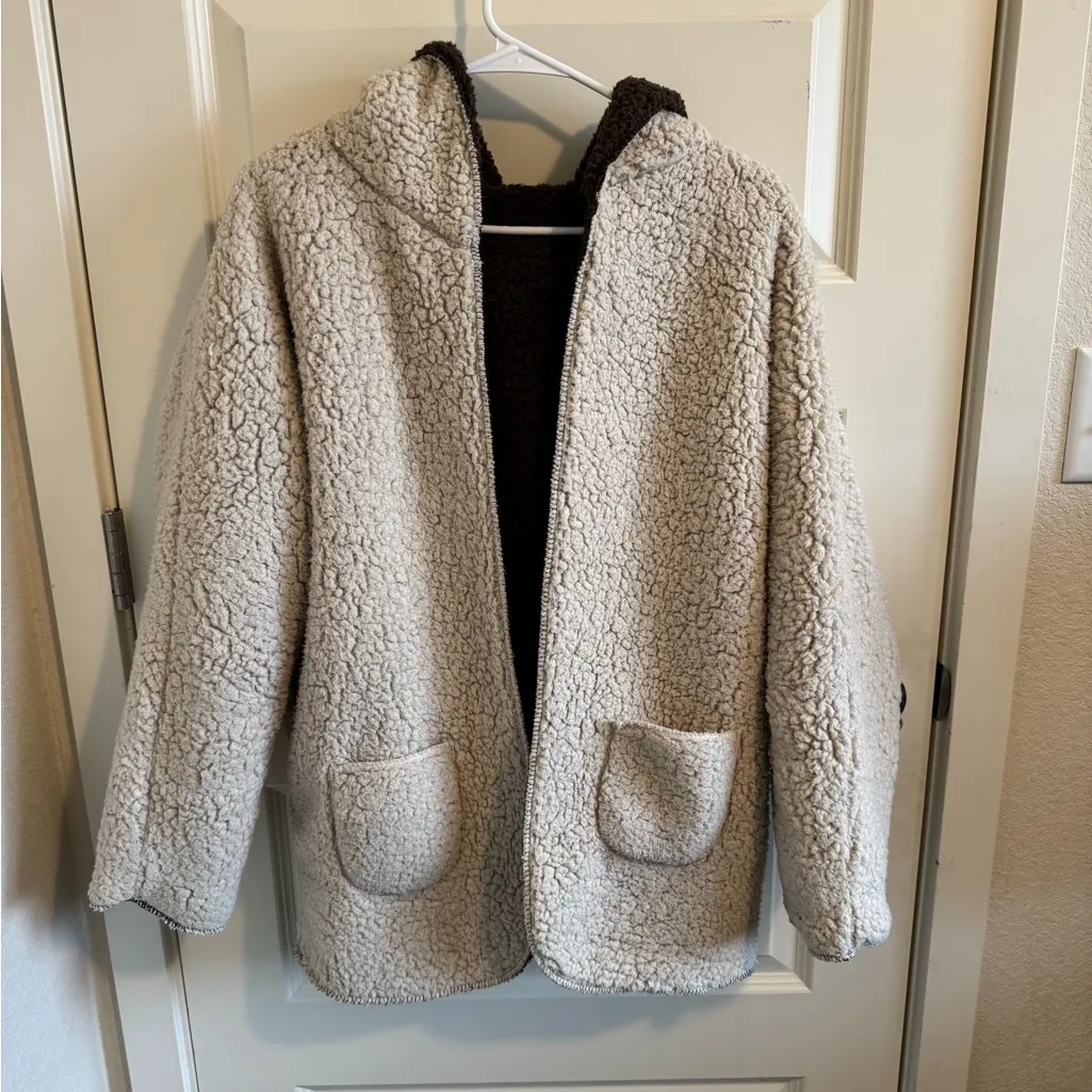 Reversible Brown and Cream Winter Teddy Jacket Size M - Image 6
