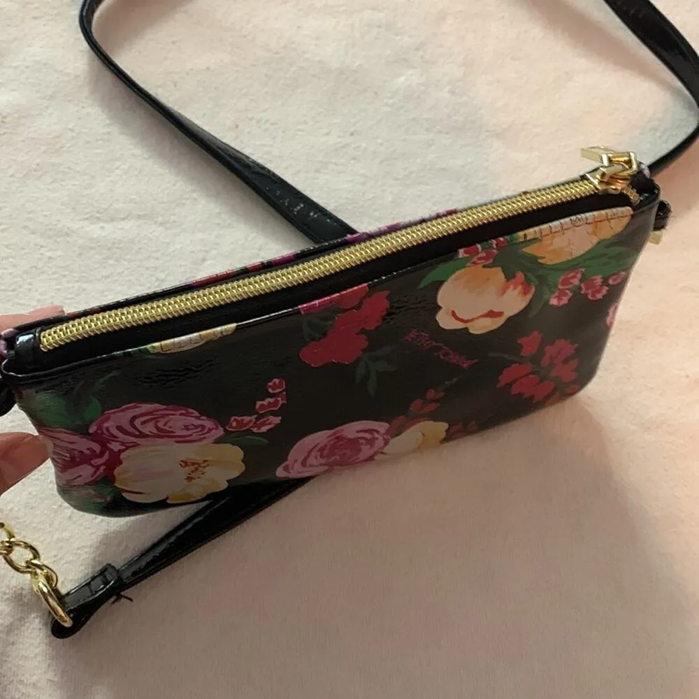 Betsey Johnson floral crossbody purse charger black pink gold bag - Image 9