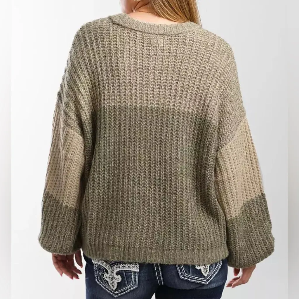 BKE Marled Color Block Sweater Olive and Cream Knit Sweater Women’s Large - Image 8