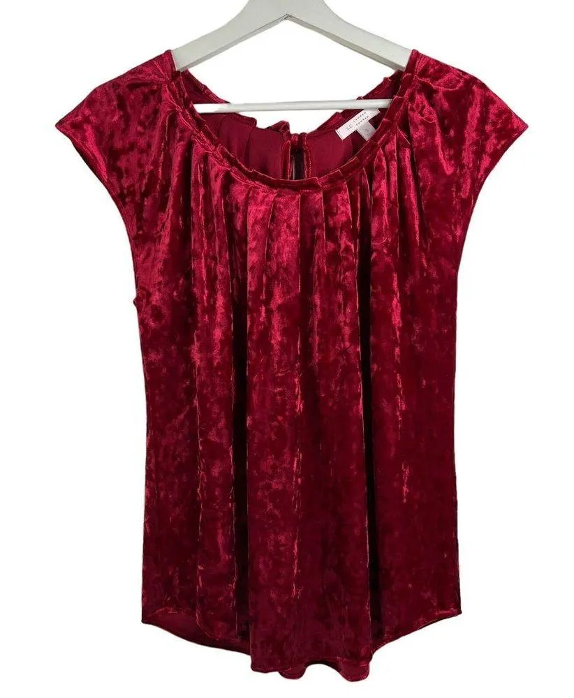 LC Lauren Conrad Size S Velvet Pleated Top Red Short Cap Sleeve Keyhole Back - Image 2