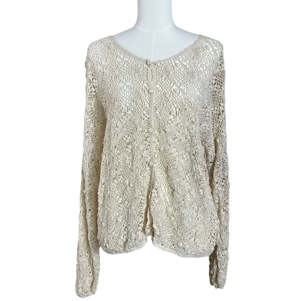 Vintage April Cornell Crochet Cardigan Sweater Natural Size Large Cottage Dainty - Image 8