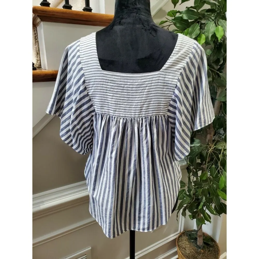 Madewell Women's White & Blue Cotton Square Neck Short Sleeve Blouse Size Small - Image 7