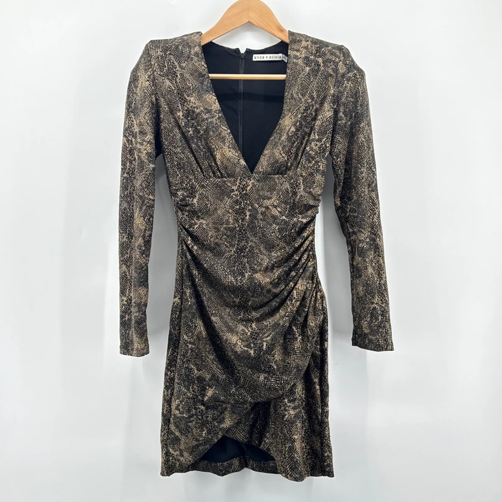 Alice + Olivia Diaz Plunging Long Sleeve Dress Black & Gold Ruched Mini Size 6 - Image 4