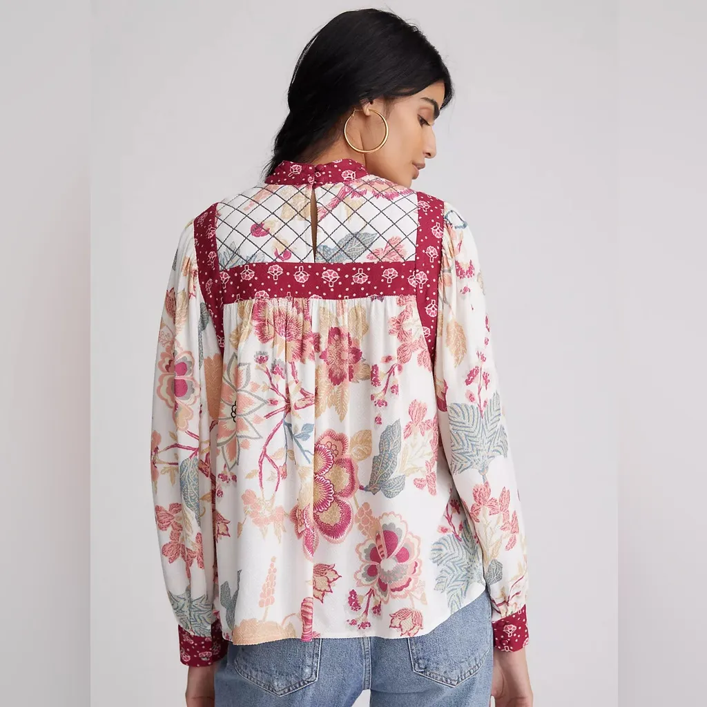 Anthropologie Quilted Floral Blouse Boho Western Peasant Top – Size L - Image 2