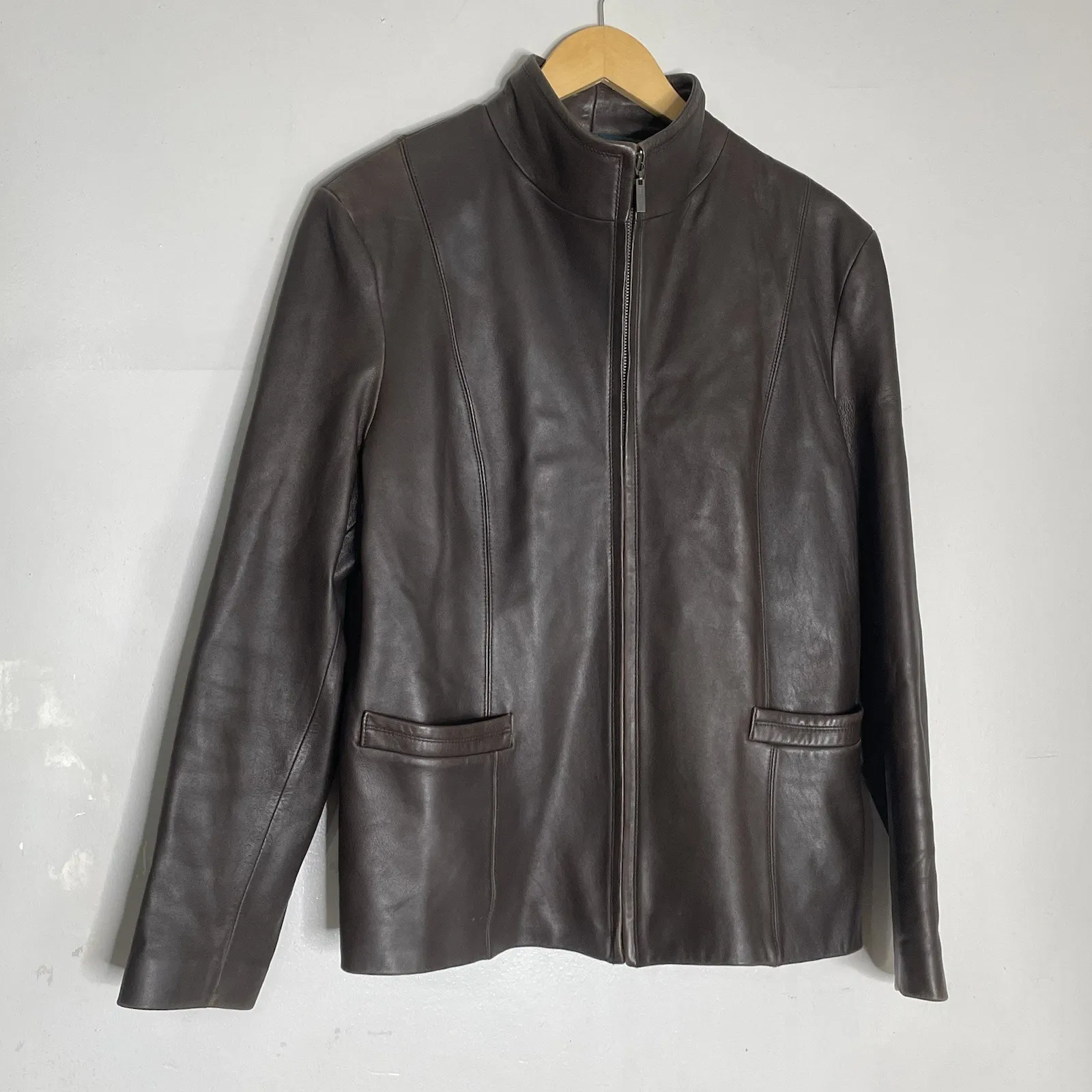 Cole Haan Brown Wing Collar Long Sleeve Genuine Lambskin Leather Moto Jacket M - Image 2
