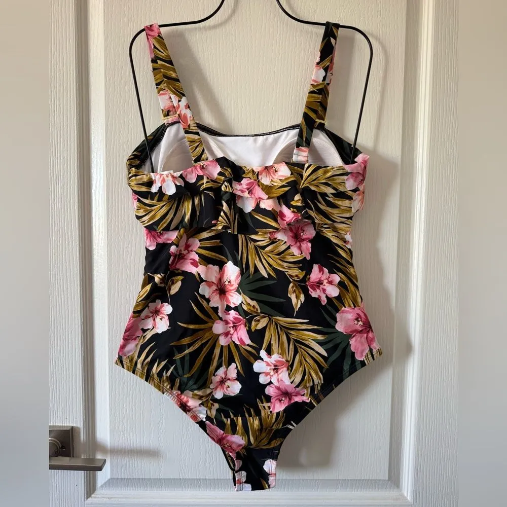 Kona Sol Floral Double Flounce Ruffle One-Piece Swimsuit Black Pink Hawaiian 14W - Image 5