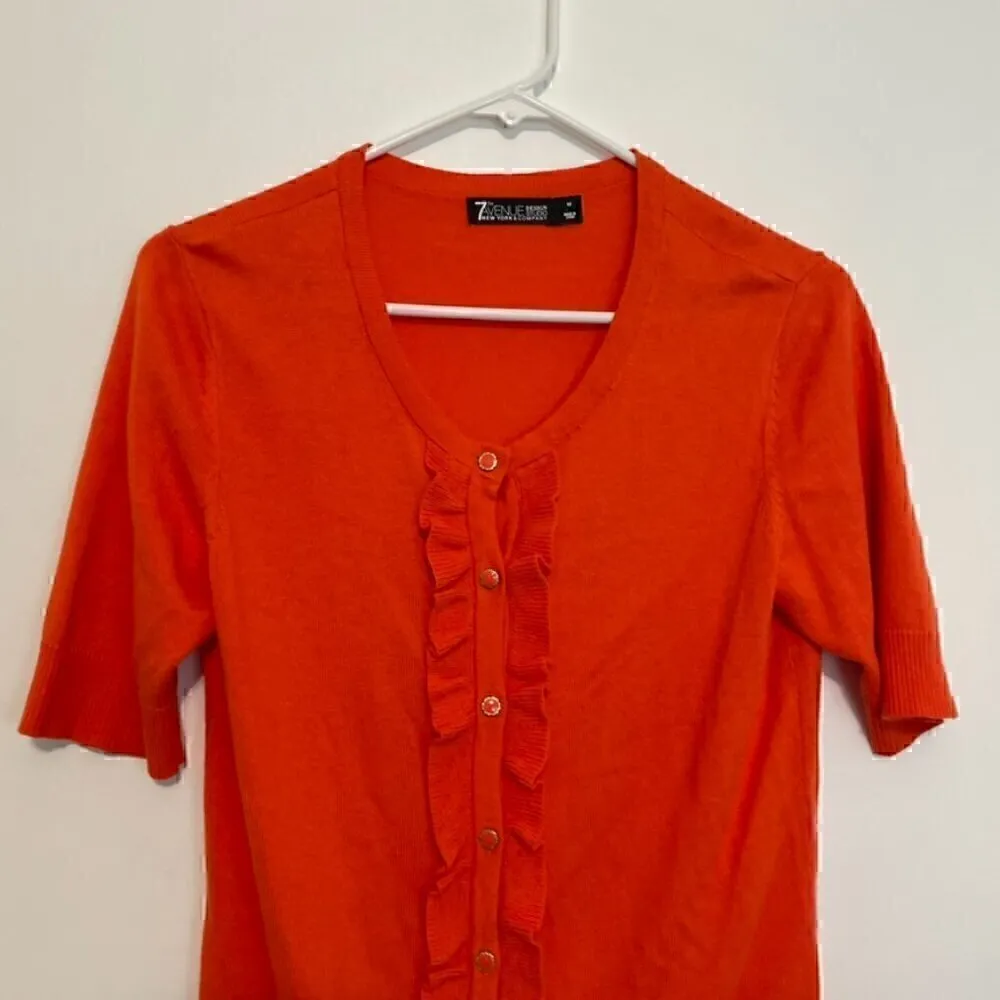 NEW YORK & COMPANY NY&CO Solid Orange Ruffle Short Elbow Sleeve Cardigan Sweater Size M - Image 2