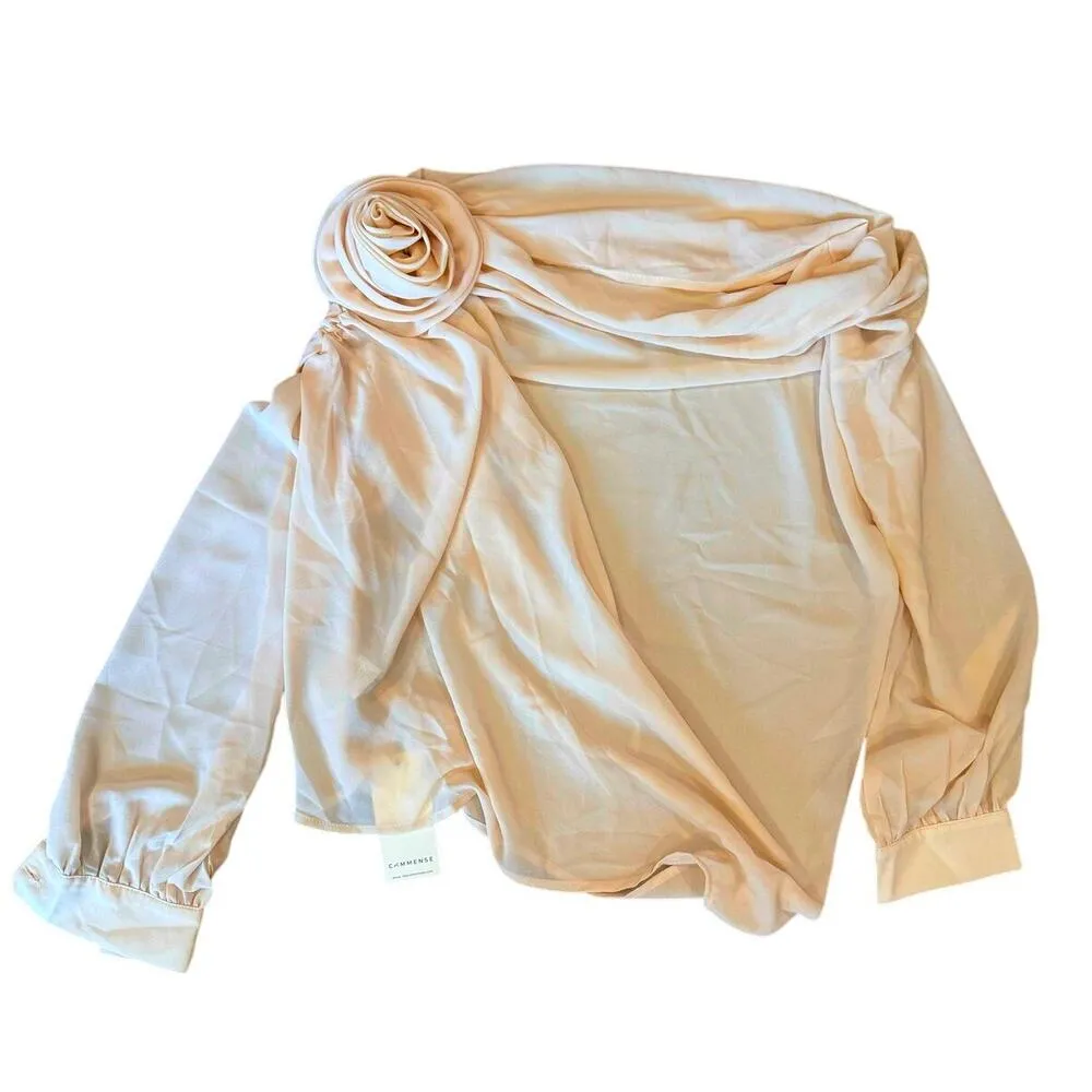 Commense Chiffon Semi Sheer One Shoulder Chiffon Elegant Asymmetrical Blouse L Size L - Image 2