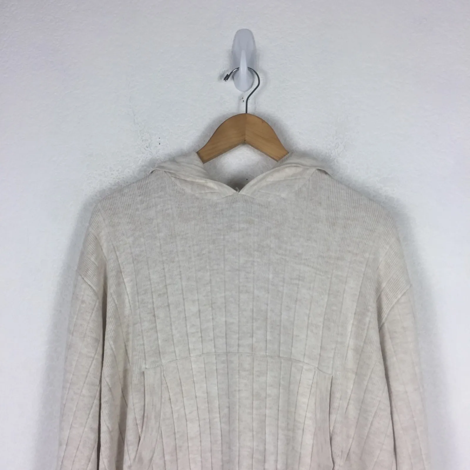 Zara Cream Cropped Knit Ribbed Oversized Comfy Hoodie Sweatshirt Medium Chic - Image 5