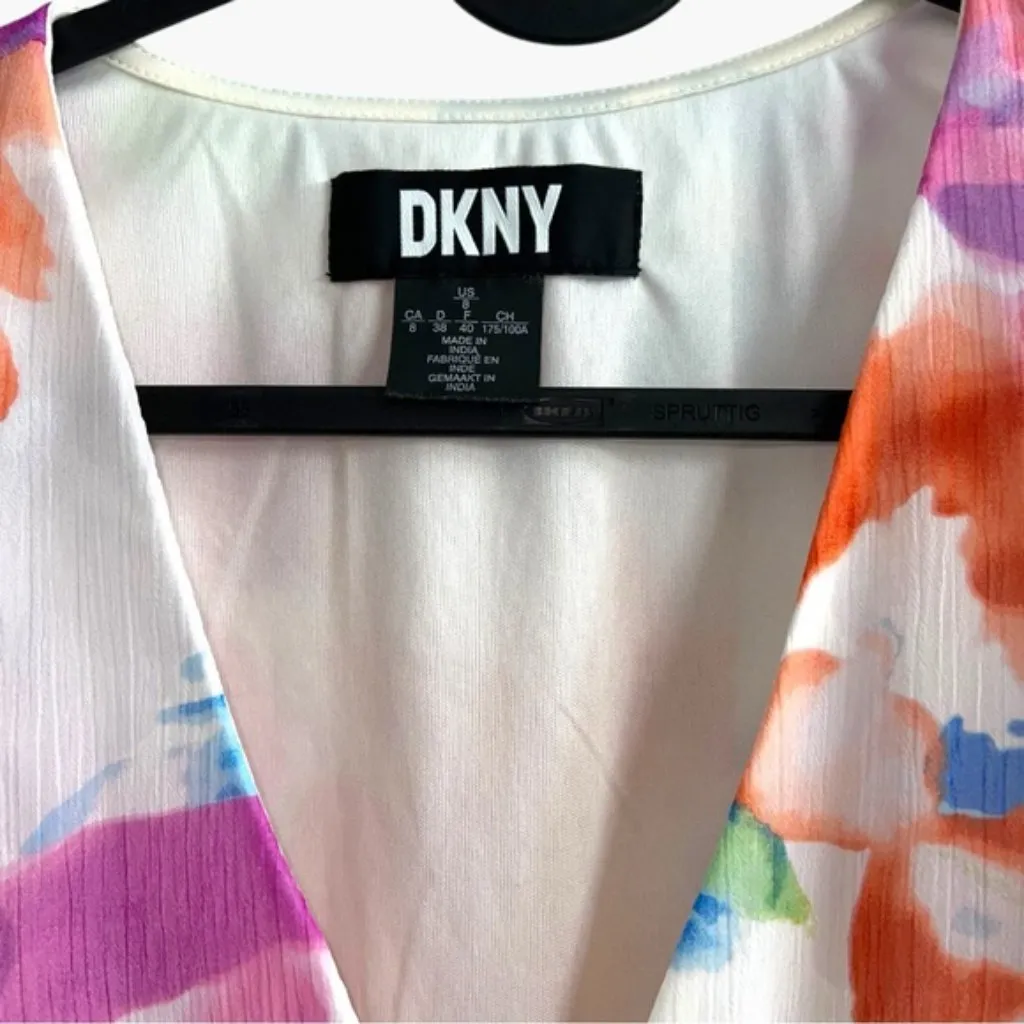 DKNY V-neck pink Flutter Sleeve Smocked Chiffon Flowy Midi Dress Size 8 M lined - Image 7