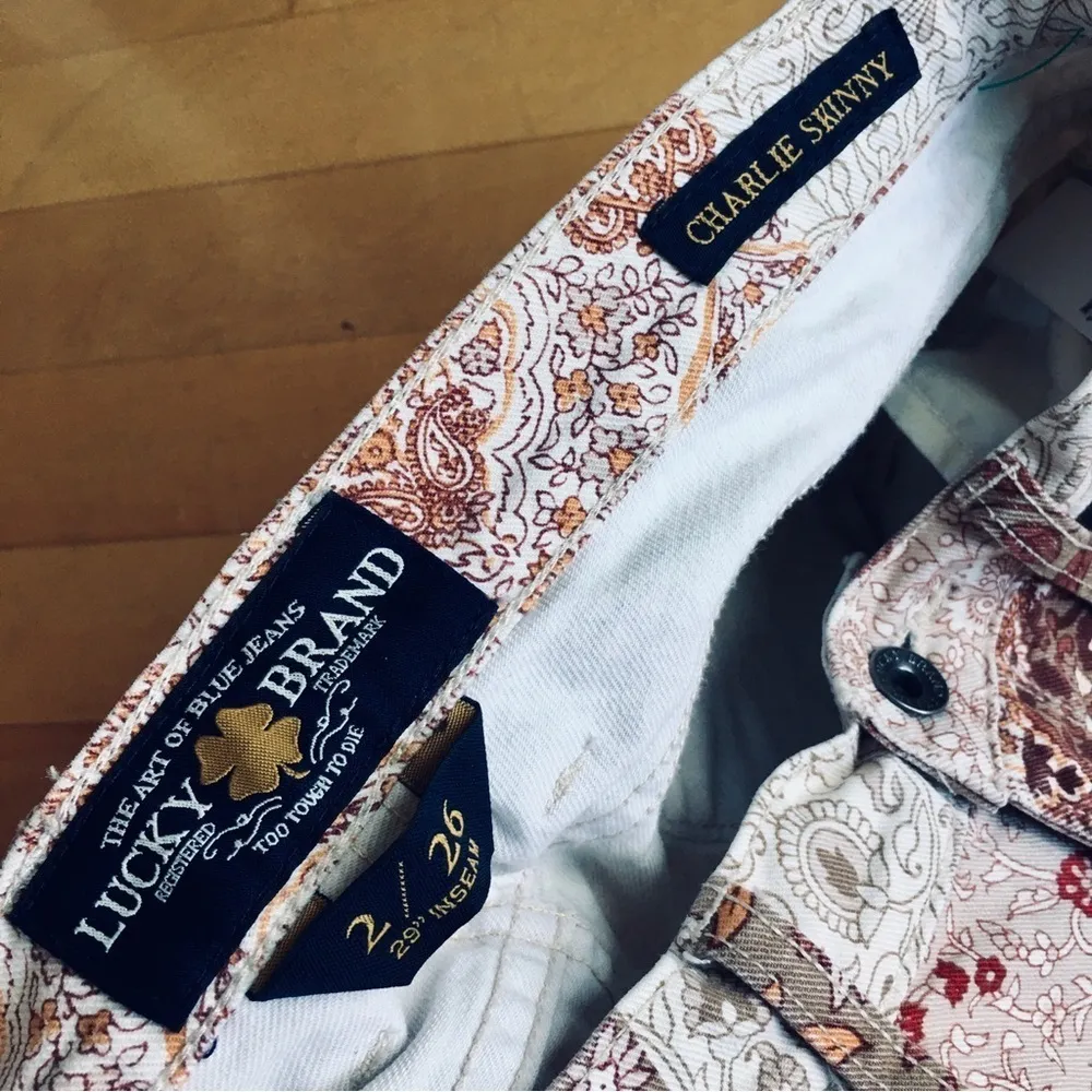 Lucky Brand Floral + Paisley Charlie Skinny Jeans, Cream, Colorful, Size 2 - Image 7