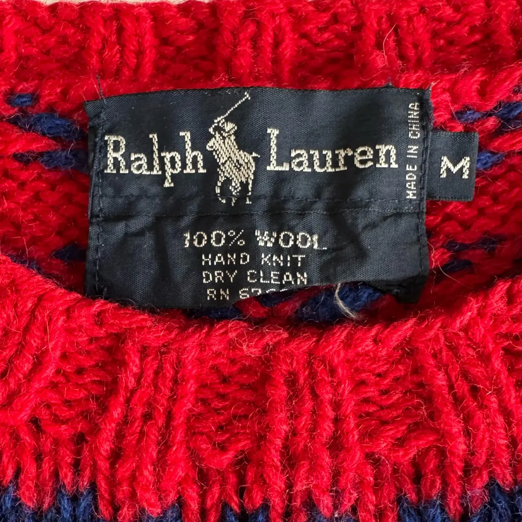 Vintage Hand Knit Wool Ralph Lauren Red Cobalt Blue Reindeer Sweater Sz Medium - Image 7