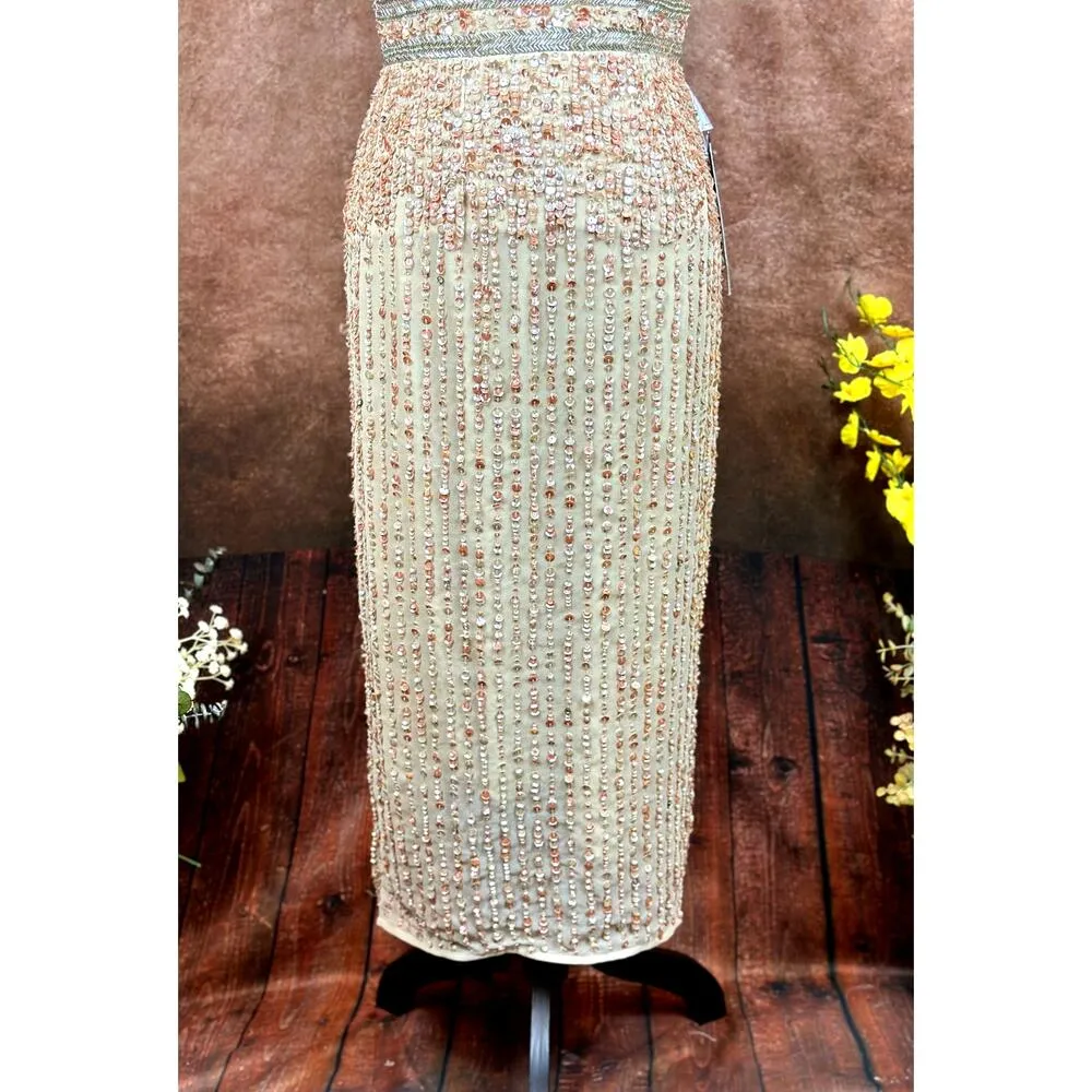 Mac Duggal Sleeveless High Neck Beaded Sheath Dress Nude 4 - Image 8