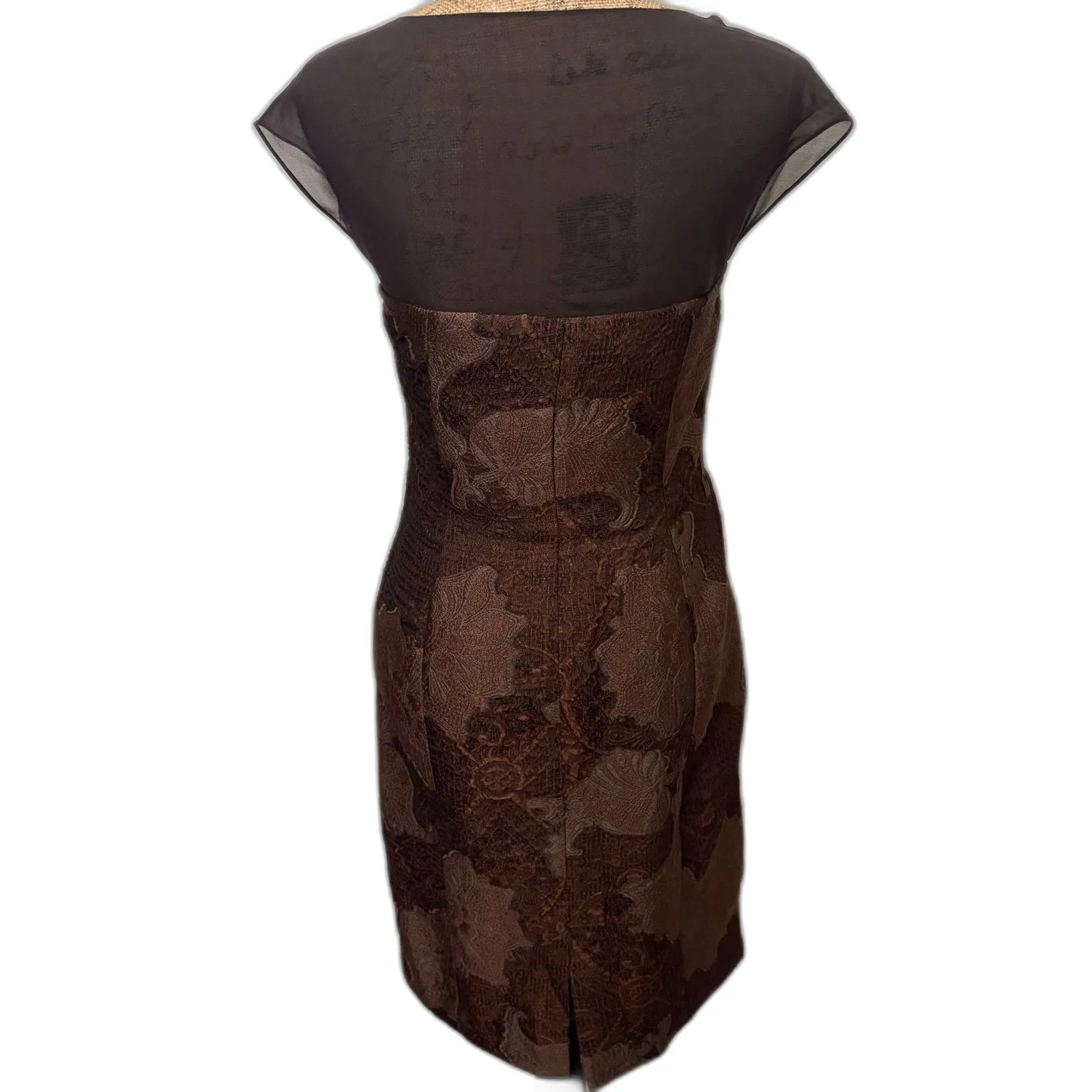 Worth New York Chocolate Brown Brocade Sheath‎ Dress & Bolero Shrug Silk Size 4 - Image 6