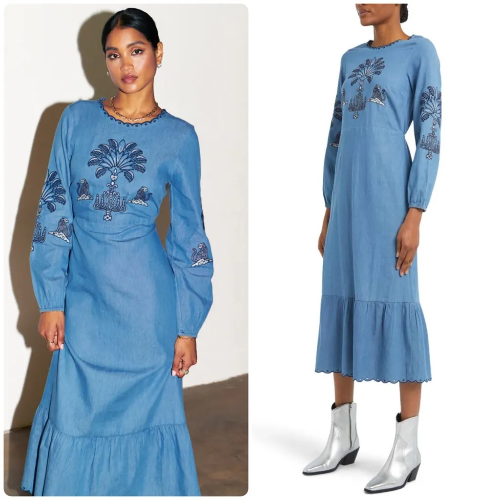 Never Fully Dressed Dreaming in the Clouds denim dress with embroidery. Blue Size 8 - Image 2