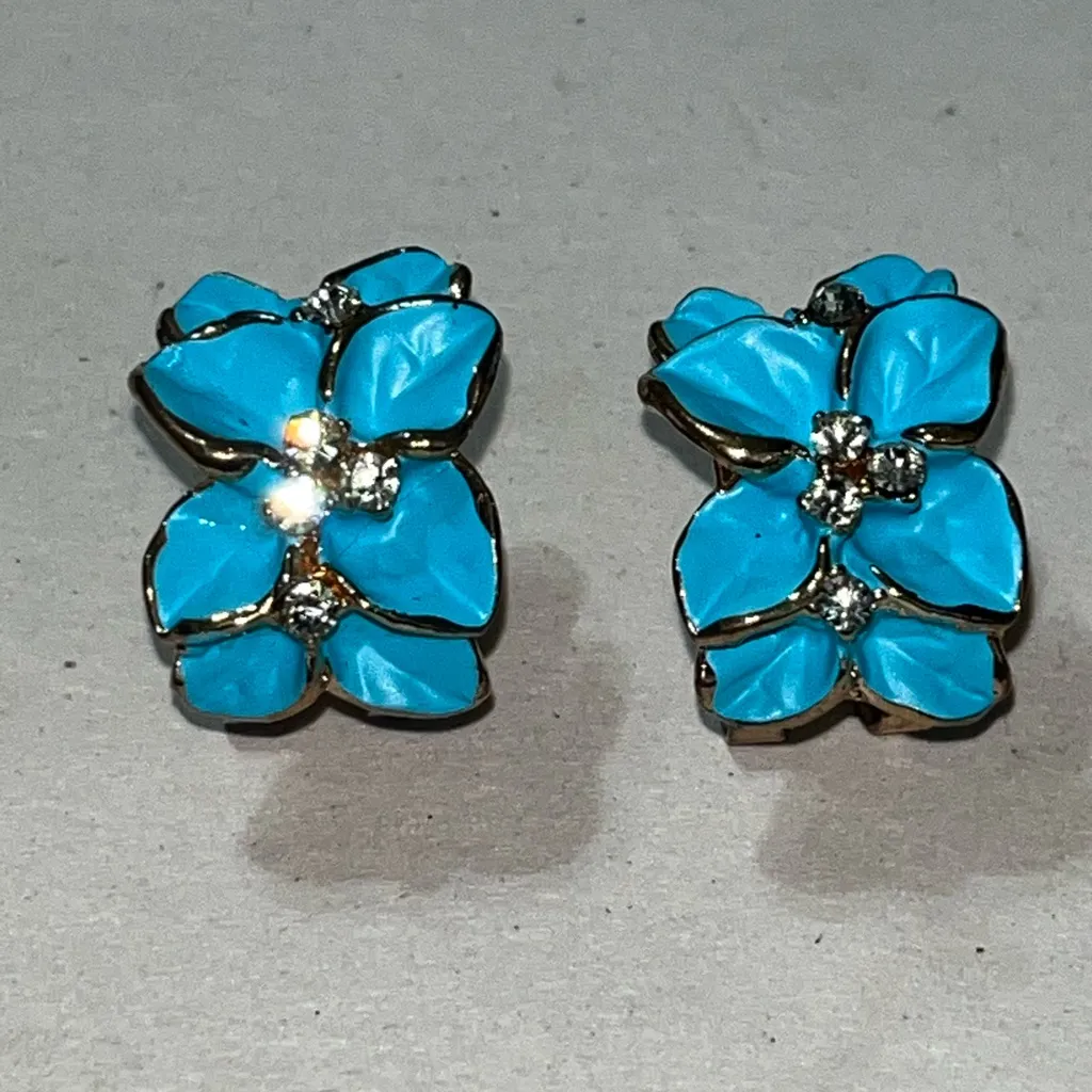 Navachi 18k Gold Plated Crystal Double Enamel Leaves Flower Omega Back Earrings Blue - Image 2