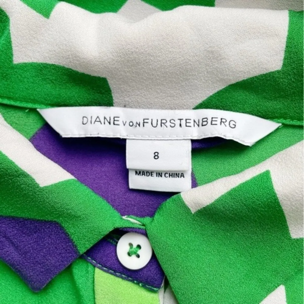 DVF Diane Von Furstenberg Green Mod Print Silk Cocoon Shirt Dress Women’s Size 8 - Image 11