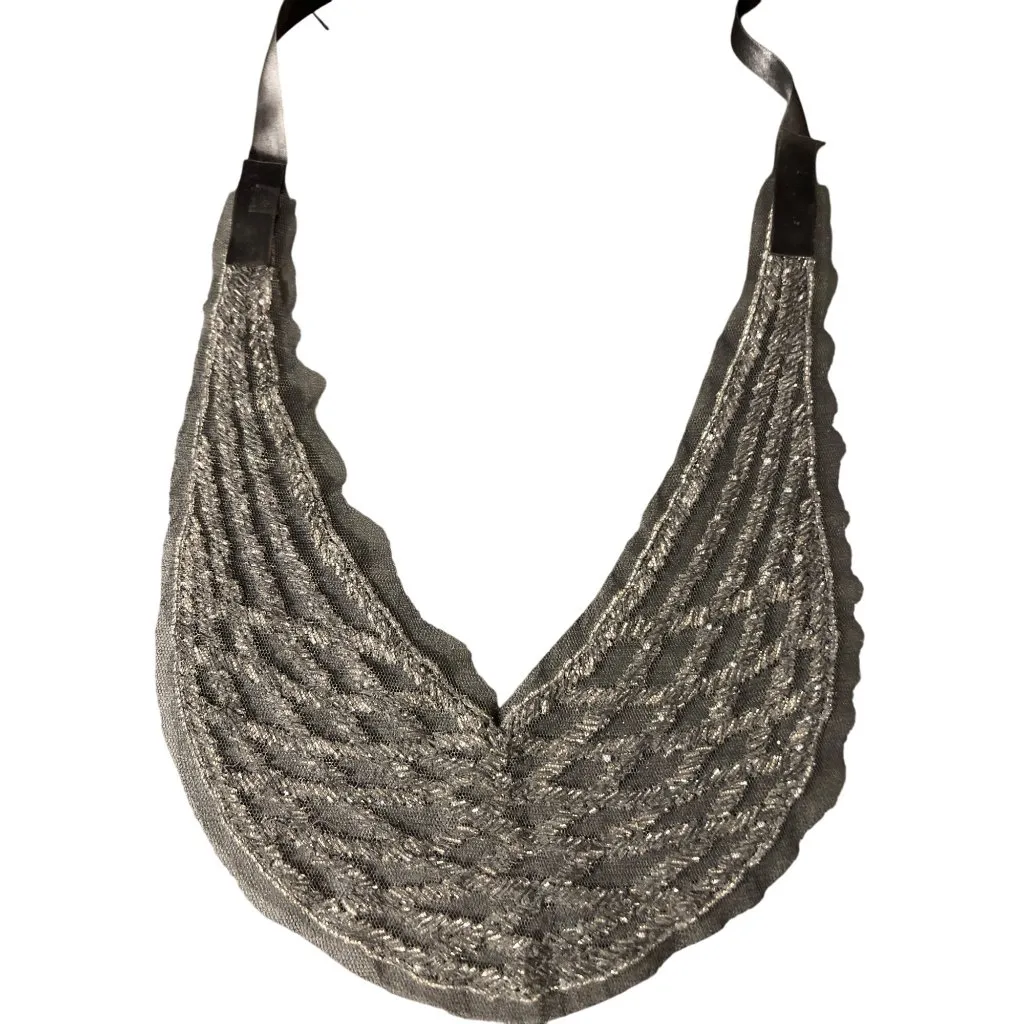 Vintage Beaded Mesh Collar Necklace Bib Sequins Black Satin Ties Estate NWOT Silver - Image 5