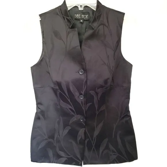 Isabel Ardee Vintage Womens Vest Size 6 Black Satin Mandarin Collar Lily Print - Image 2