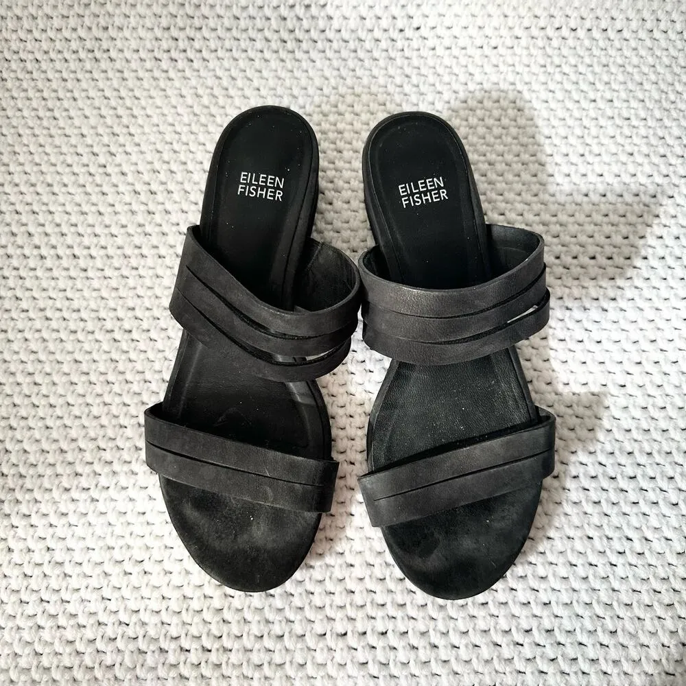 Eileen Fisher Black Leather Strappy Finch Double Strap Slide Sandals Women 7 - Image 4