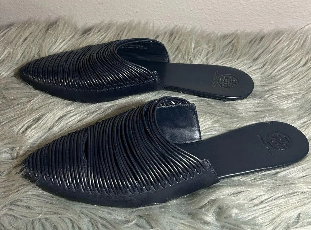 Tory Burch Siena Flat Navy Blue Leather Mules Size 11M - Image 6