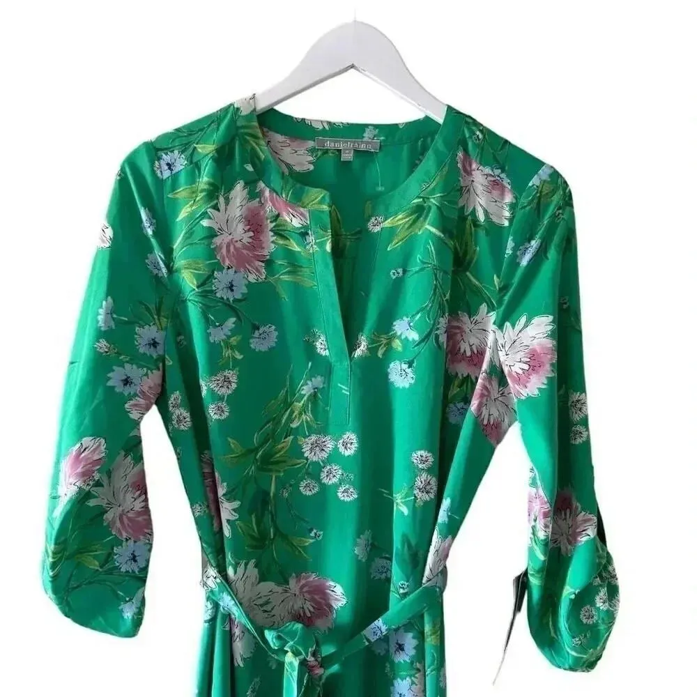 Anthropologie Daniel Rain Green Floral Print 3/4 Sleeve Tie Dress SZ M #2194 - Image 2