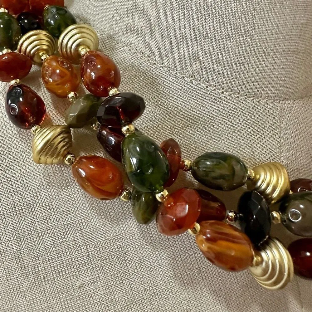 Green brown gold tone multi strand beaded necklace - Image 2