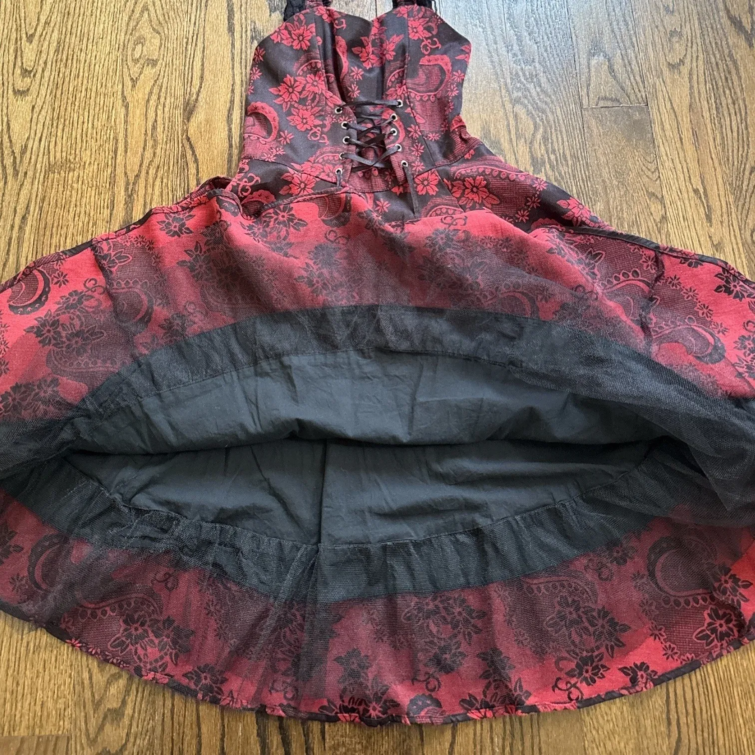 Orchid Bloom Red Blck Paisley Floral Lace Trim Corset Fit and Flare Dress Size 4 - Image 12