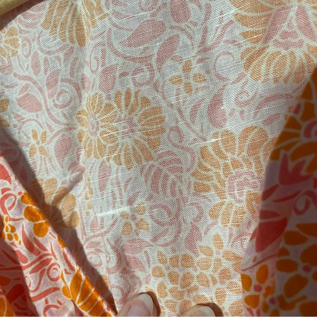 Zara Pink Orange White V neck Twist Linen and Cotton Resort Floral Crop Top - Image 7