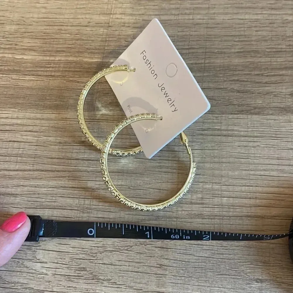 Large Gold Hoops Earrings For Women Gold color with faux diamonds around - Image 4