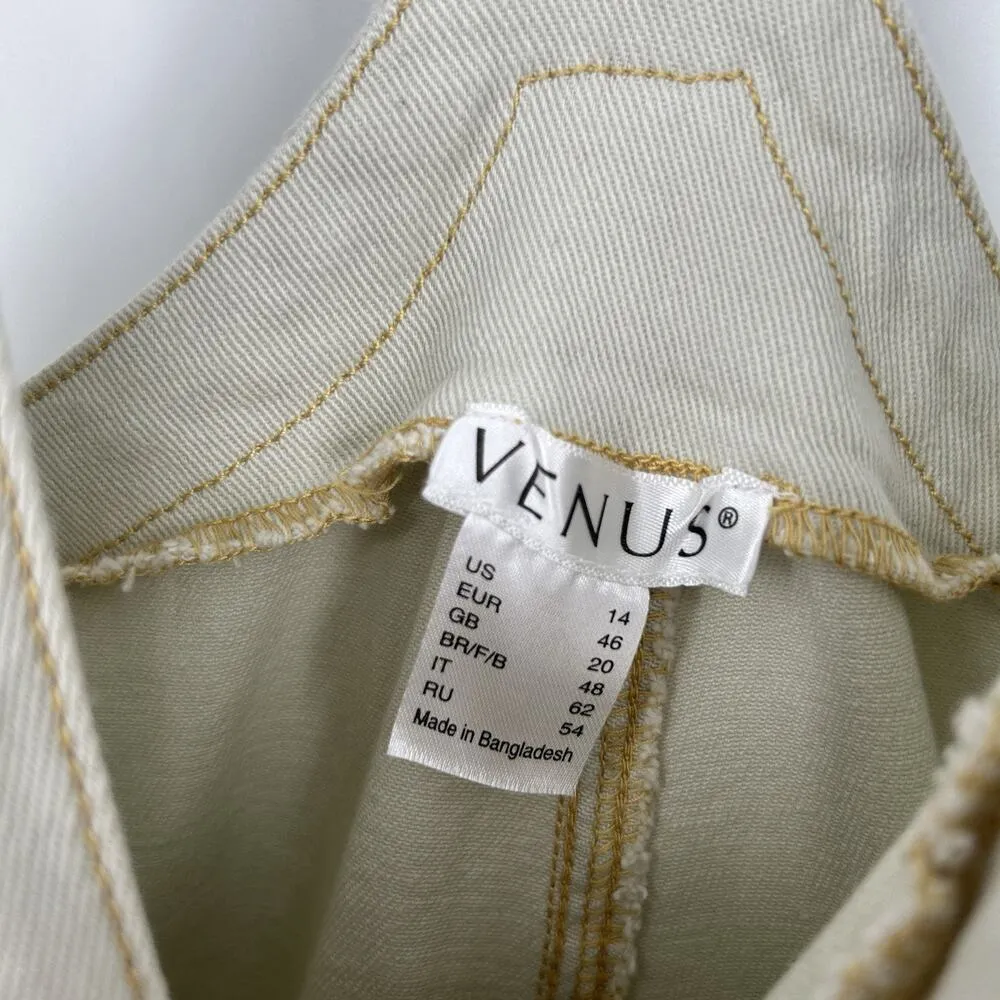 Venus Denim Crop Jumpsuit Super Wide Leg Beige Sleeveless Pockets Raw Hem Sz 14 - Image 9