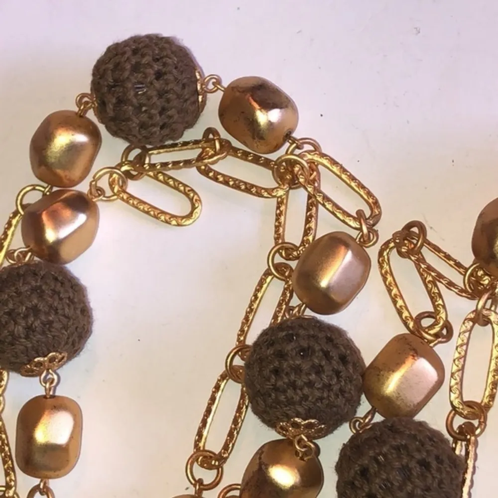 Vintage Soft Satin Gold Tone Fabric Ball Beaded Boho Necklace Tan - Image 4