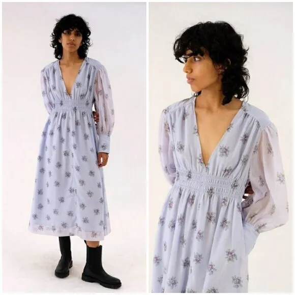 💕GANNI💕 Organza Printed Smock Dress ~ Heather Blue Floral Print EU 34 NWT - Image 2