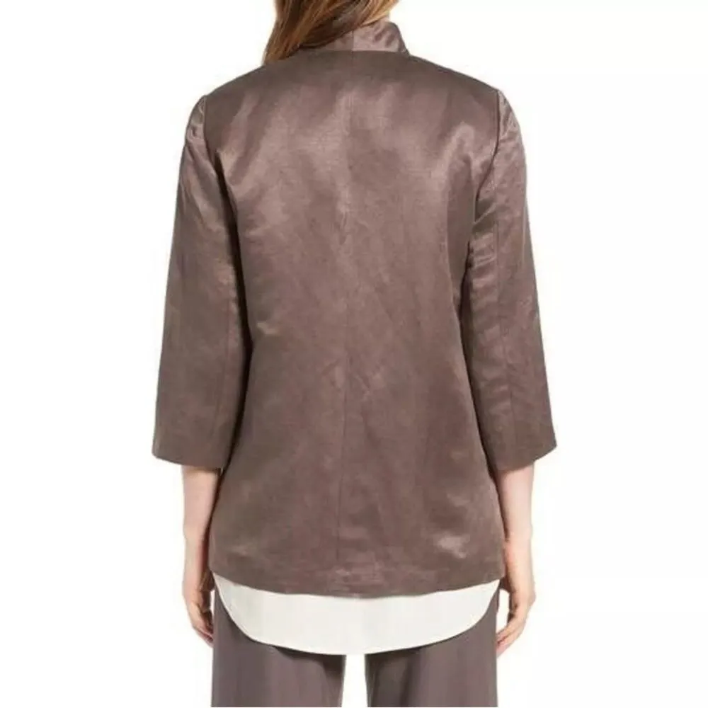 Eileen Fisher Organic Linen Silk Satin Blend Blazer Open Jacket‎ Size XS Brown - Image 2