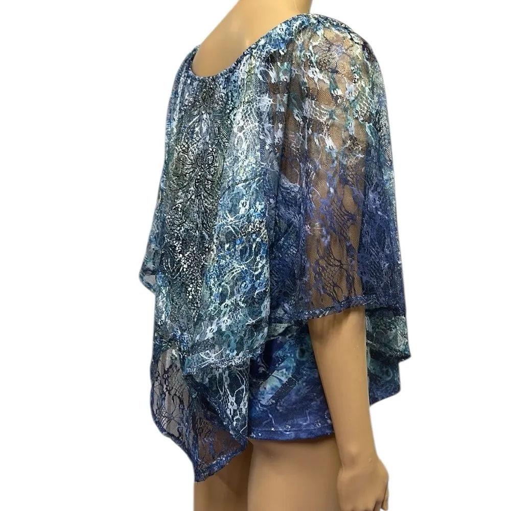 Live and Let Live Sleeveless Lace Overlay Cape Poncho Blouse Top Womens Medium Blue - Image 5