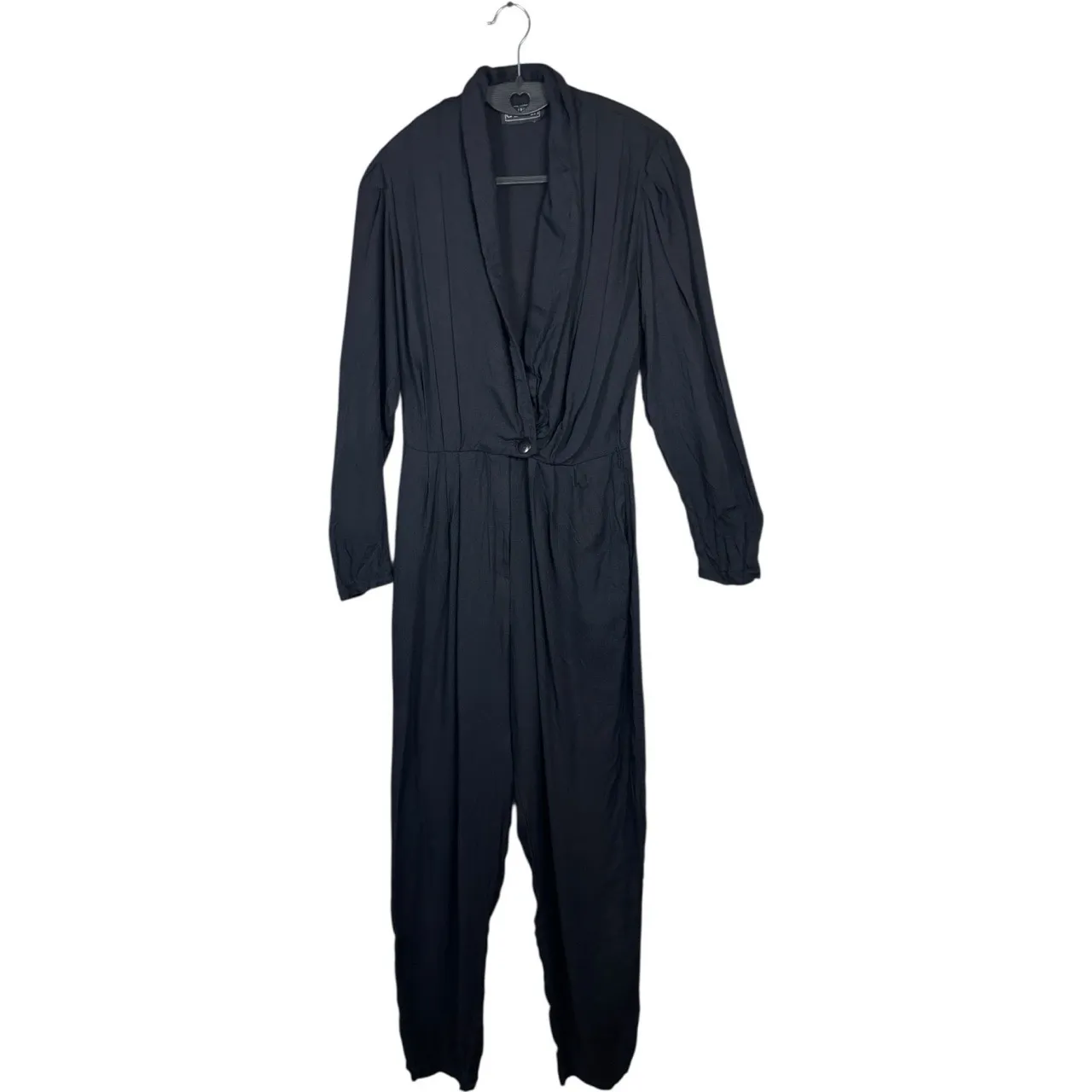 Vtg Calhoun Jumpsuit sz 7/8 Black Wide Leg Tapered Low Neckline Retro Draped 80s - Image 2