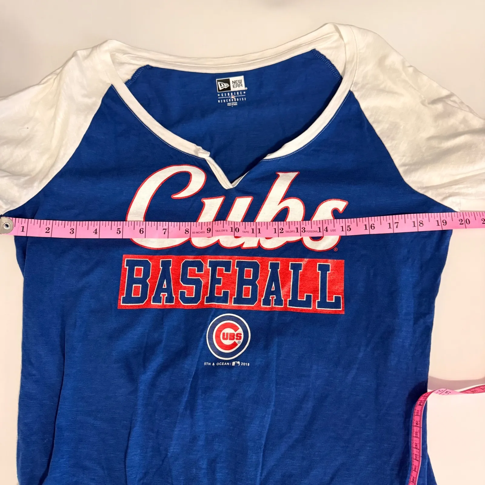 New Era Chicago Cubs Baseball Raglan 3/4 Sleeve V Neck T Shirt Large Blue White - Image 7