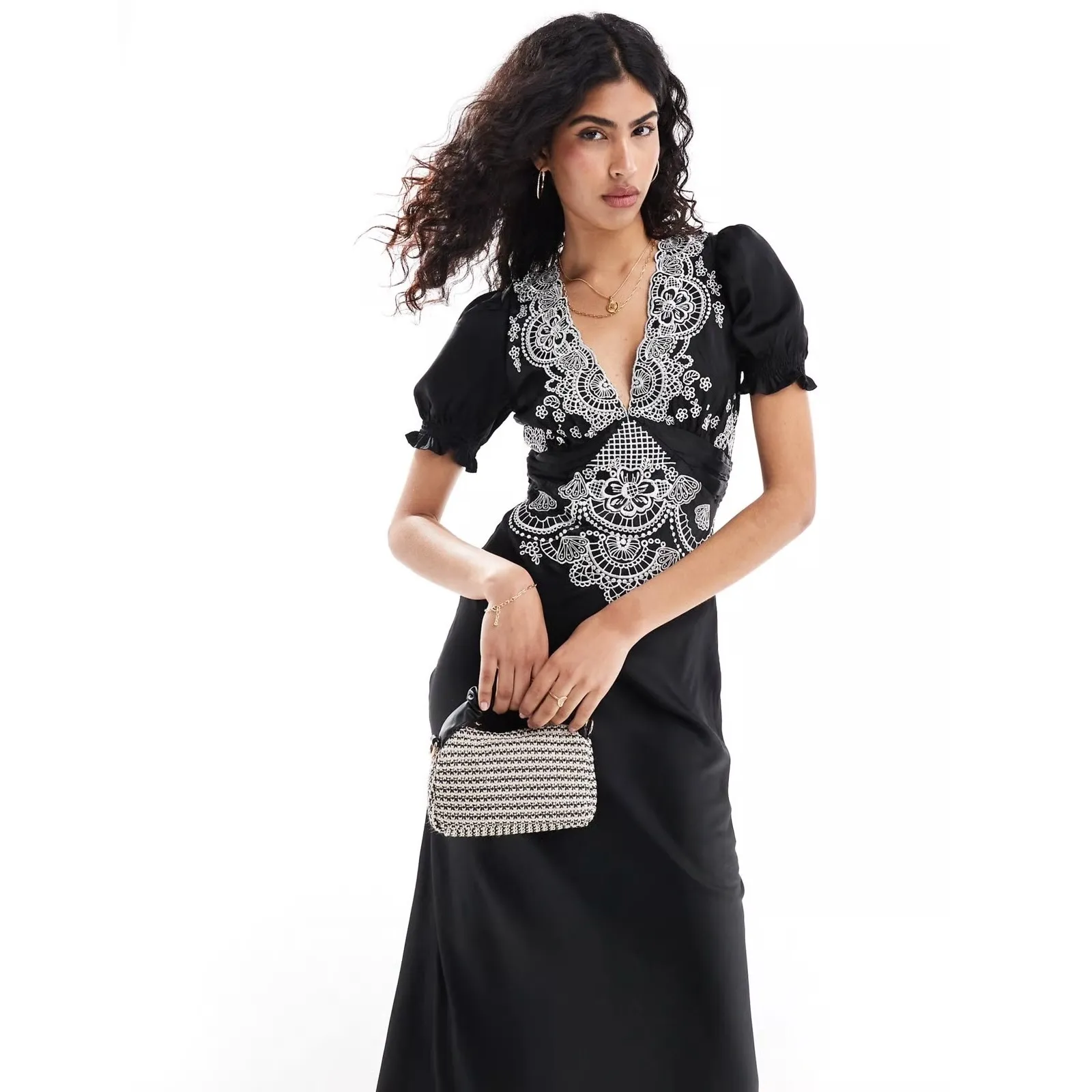 ASOS DESIGN Black Satin Maxi Slip Dress Lace Trim Dark Romantic Size 6 - Image 3