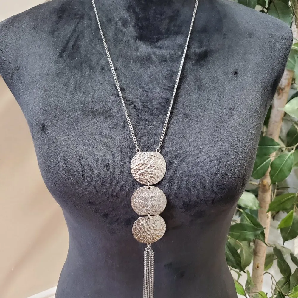 Women's Silver Pewter Layered Round Coin Tassel Stylish Chunky Necklace - Image 2