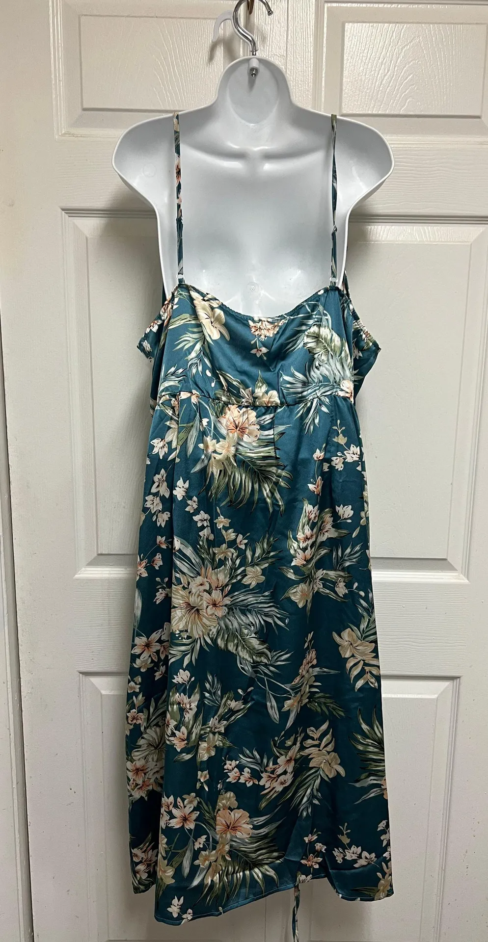 Simplee Apparel Simplee Plus Tropical Print Cowl Neck Drawstring Side Satin Cami Dress - Image 5