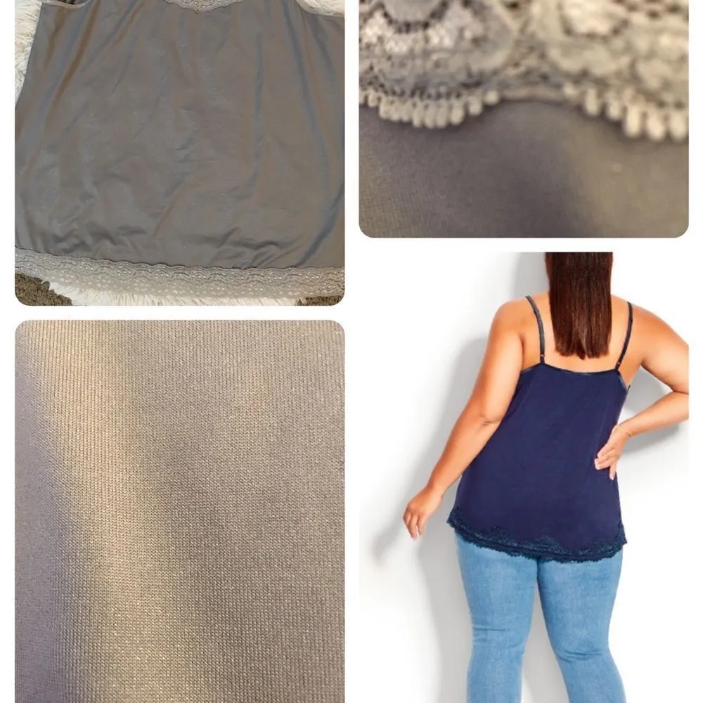 Plus Size Grey, silver Shimmer Lace Border Cami Tank - Image 2