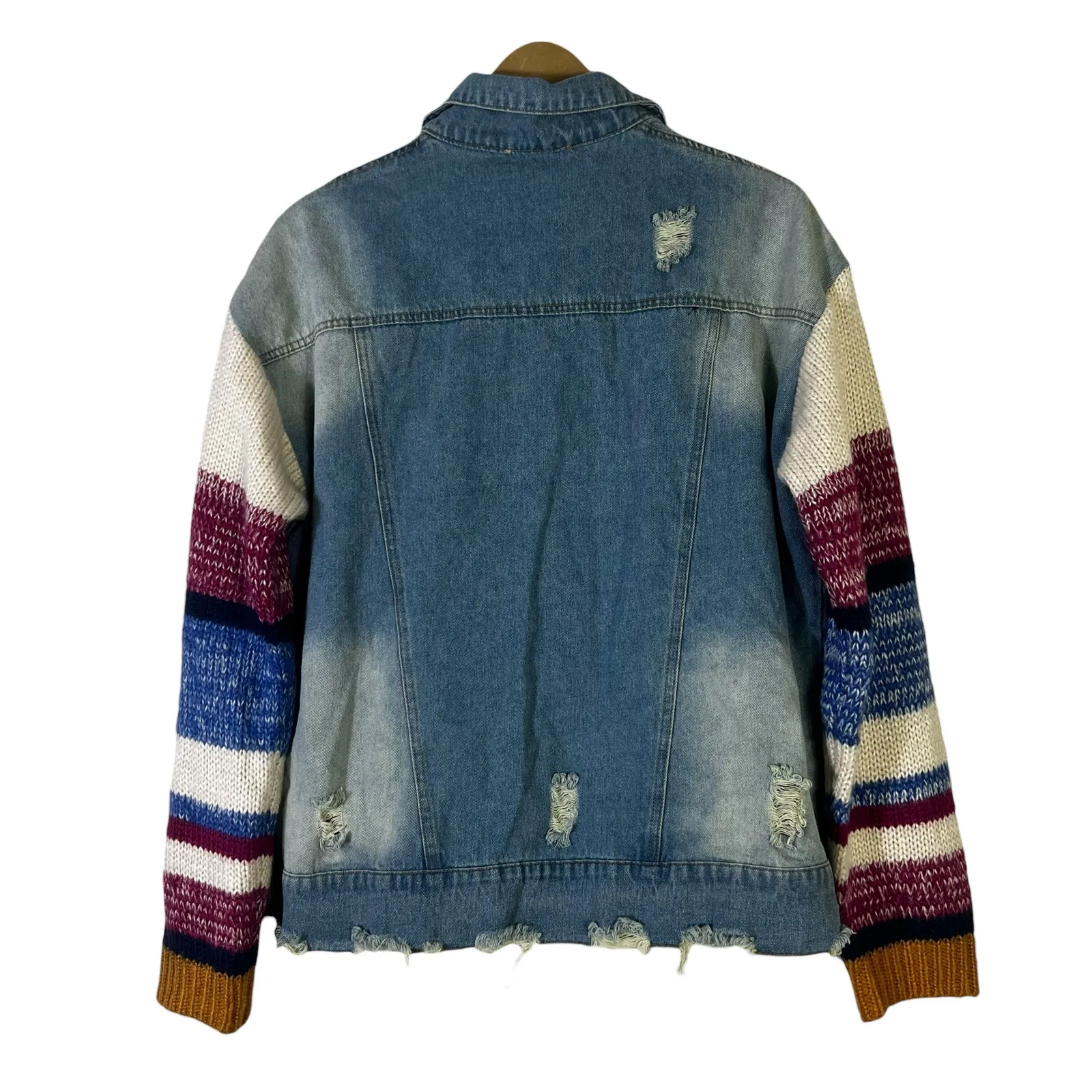 Promesa Distressed Denim Jacket Womens S Blue Knit Sleeve Colorblock 90s Retro - Image 5