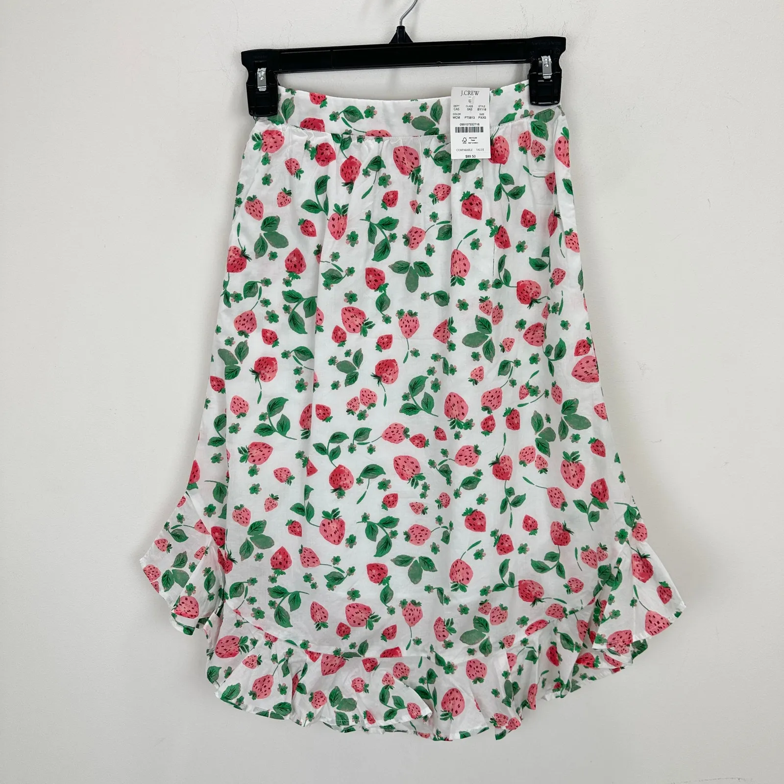 J.Crew Petite Midi Skirt Flounce Hem Strawberry Print Cotton Cottagecore XXS NWT - Image 3