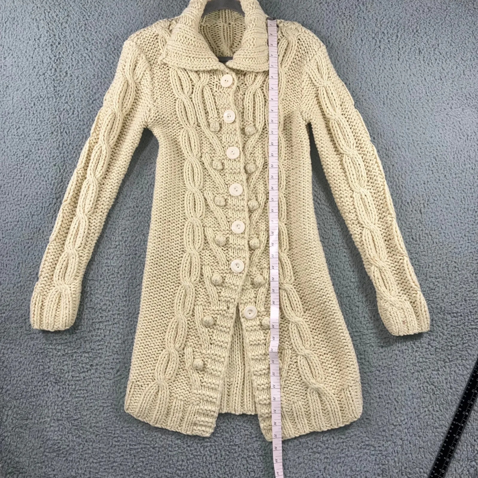 Vtg Cable Knit Long Cardigan Sweater Women XS/S Button Front Chunky Collared - Image 6